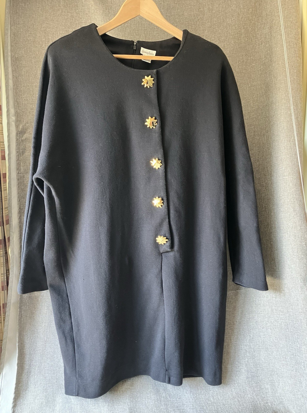 Neimen Marcus 100% Cotton Black Dress with Gold Star Buttons XL Back Zip,Classic