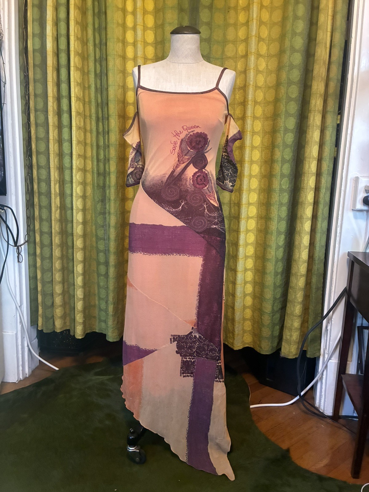 Y2K SAVE THE QUEEN Multicolor Mesh Layered Tattoo Print Maxi Strappy Dress M