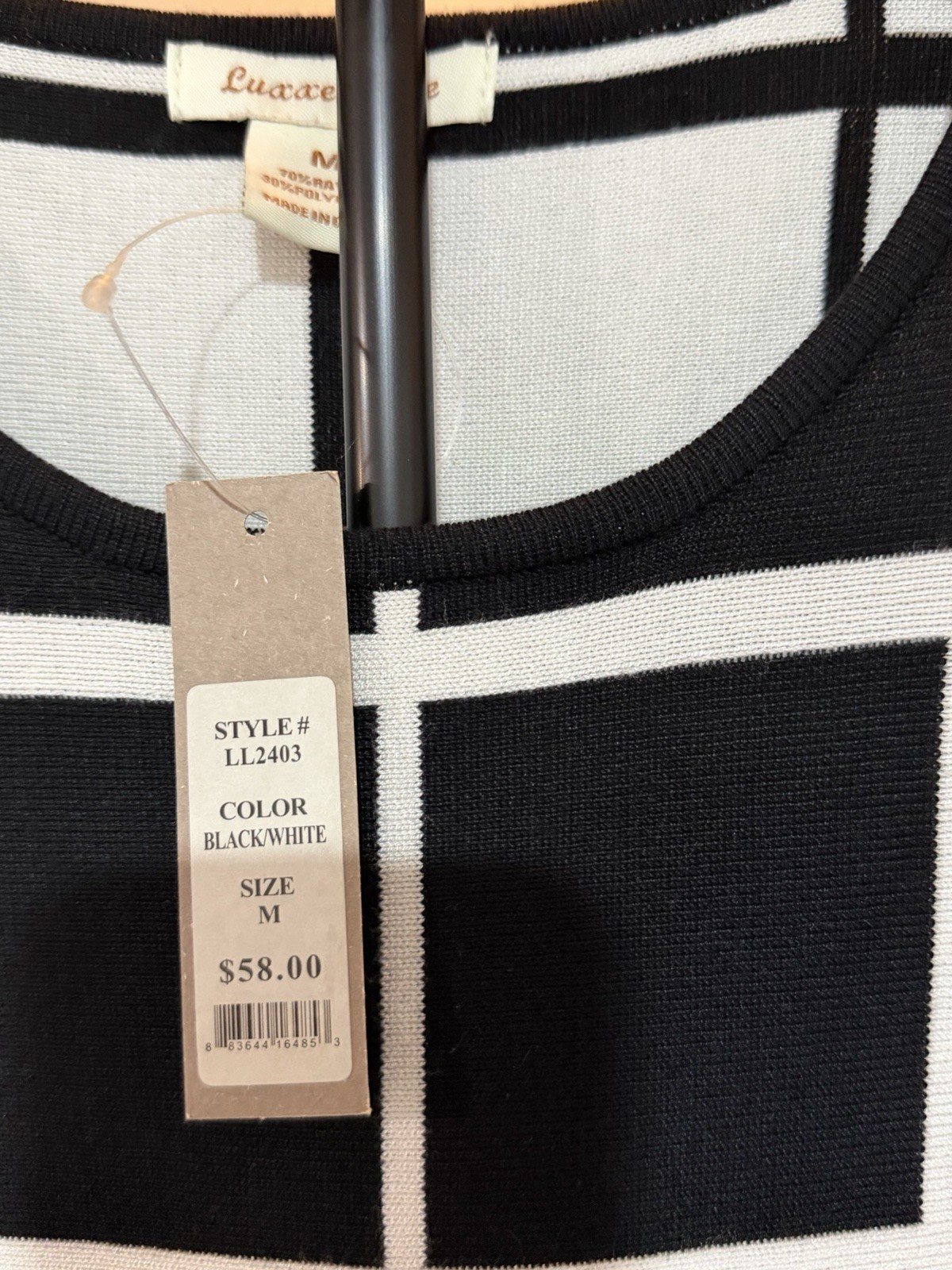 Luxace Lane Black/White Check Round Neck Knit A-Line Knee Dress Long Sleeve M
