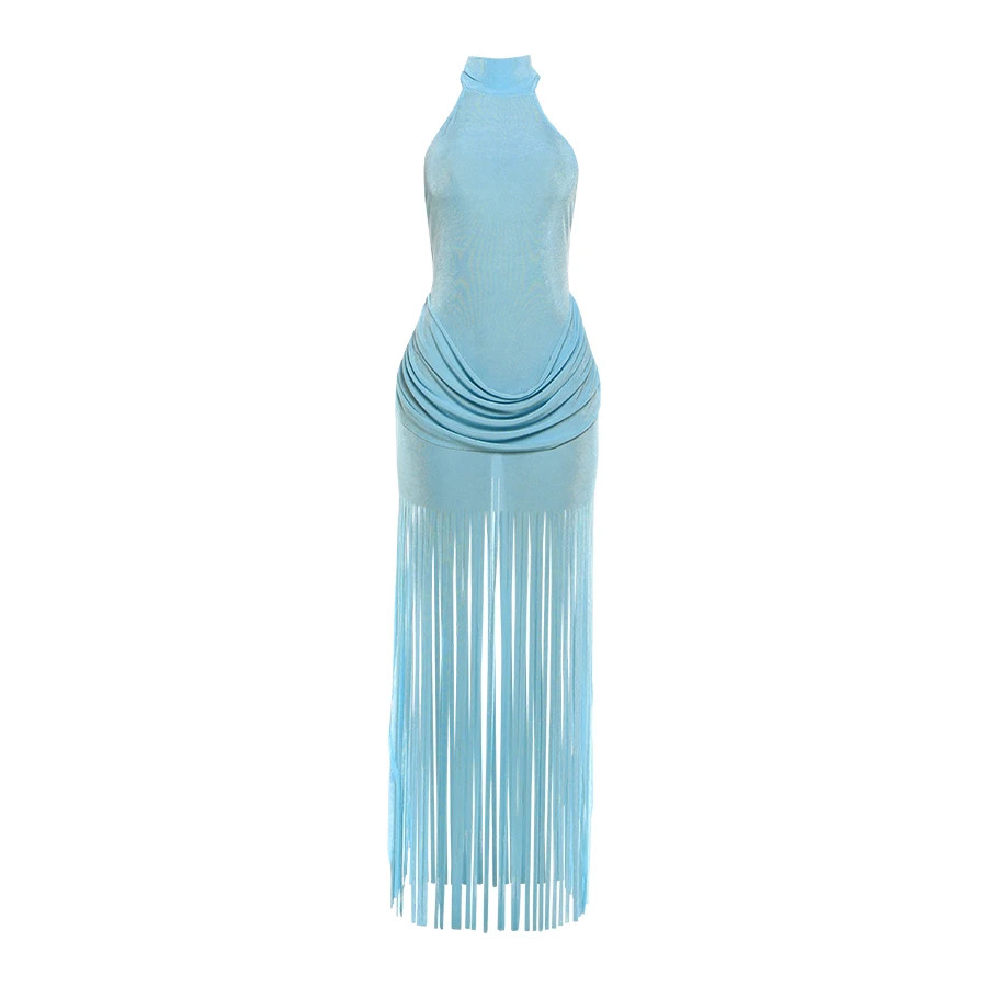 Weird Puss Halter Turtleneck Dress Women Velvet Ruched Patchwork Tassel Hem Eleg