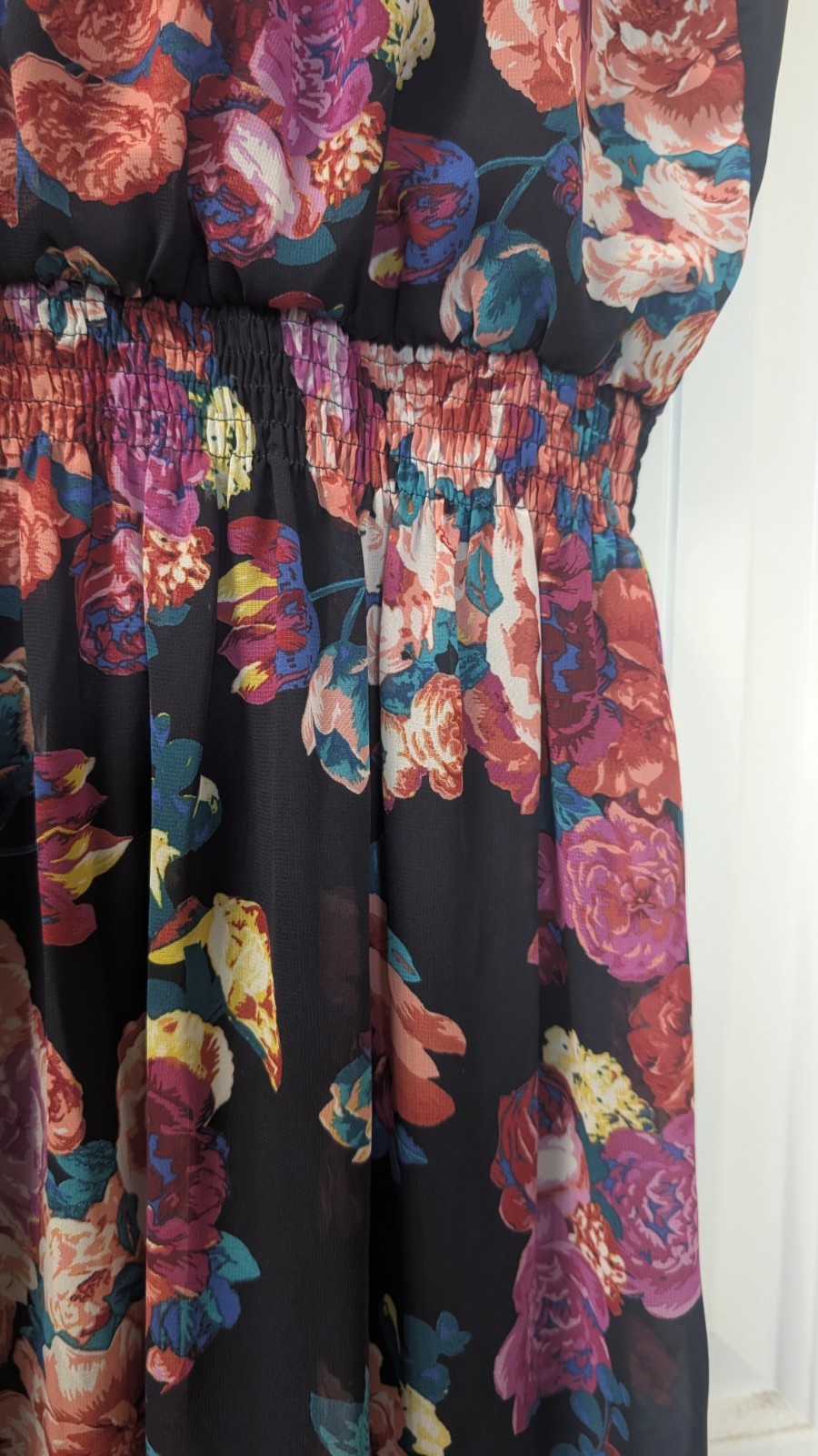 Sweet Storm Black Multicolor Floral Chiffon Smocked Square Neck Maxi Dress L