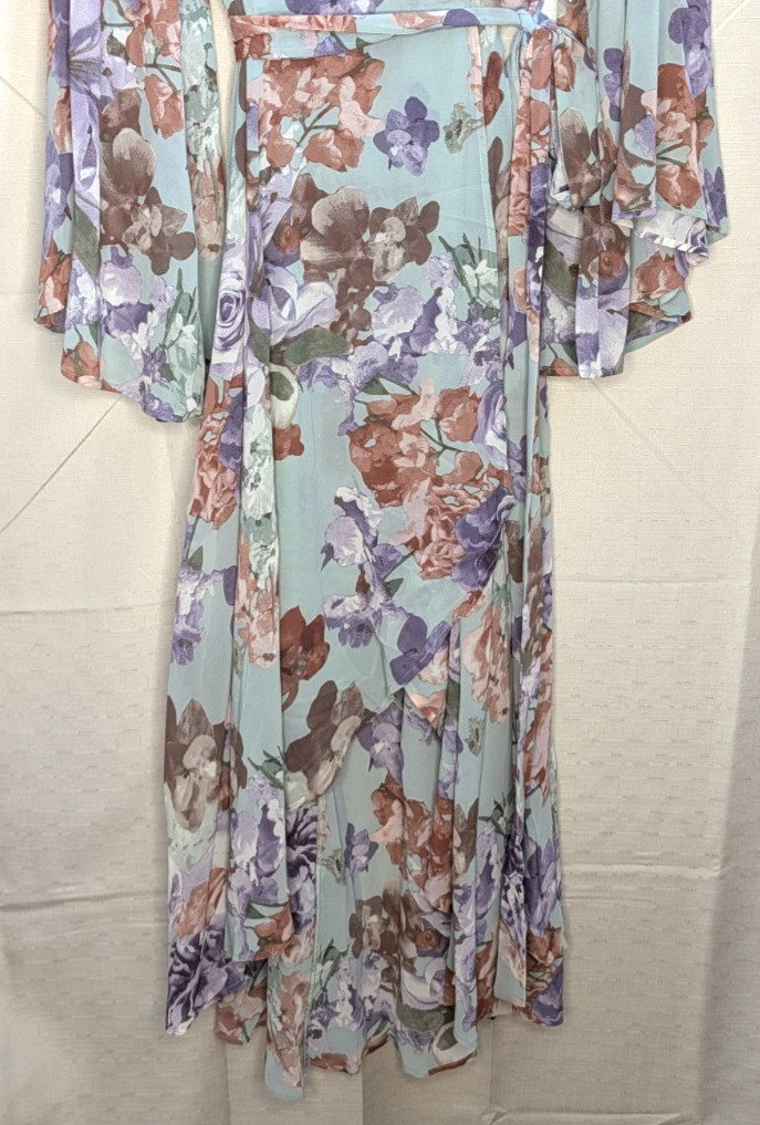 Women’s Size Large Wrap Mint Green Floral Boho Bell Sleeve High Low Maxi Dress