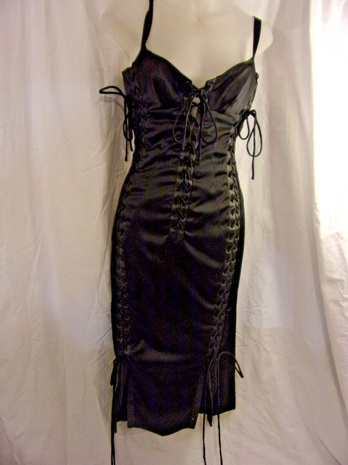 Mandalay Black Satin Tie Whipstitch Dress Tie Sides and Front (2) Y2K Fabulous