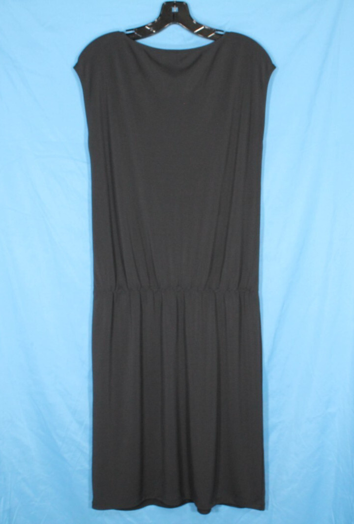 TALBOTS Stretch POLY-KNIT Sleeveless BLACK Gathered DROP WAIST Midi Dress Sz M
