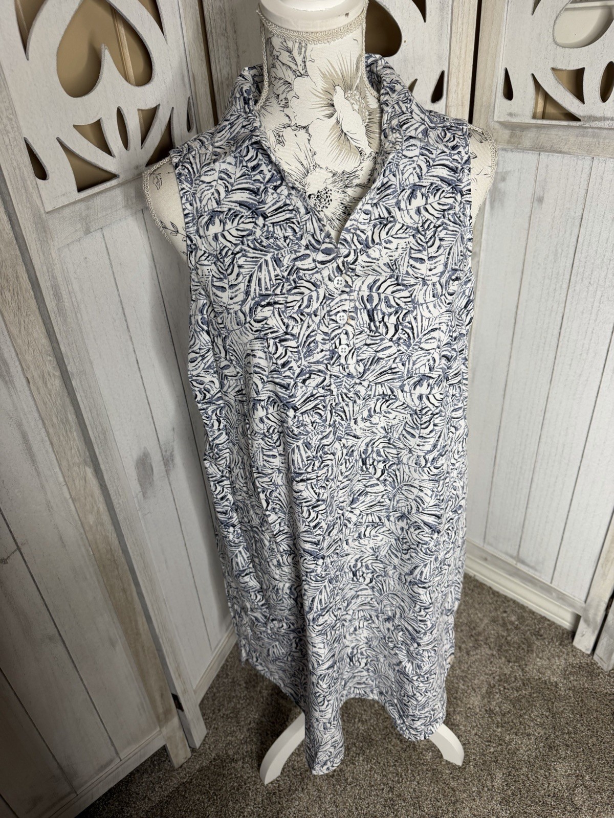 Old Ranch Western Cowgirl Dress White Blue Tropical Leaves Sz Large Lightweight