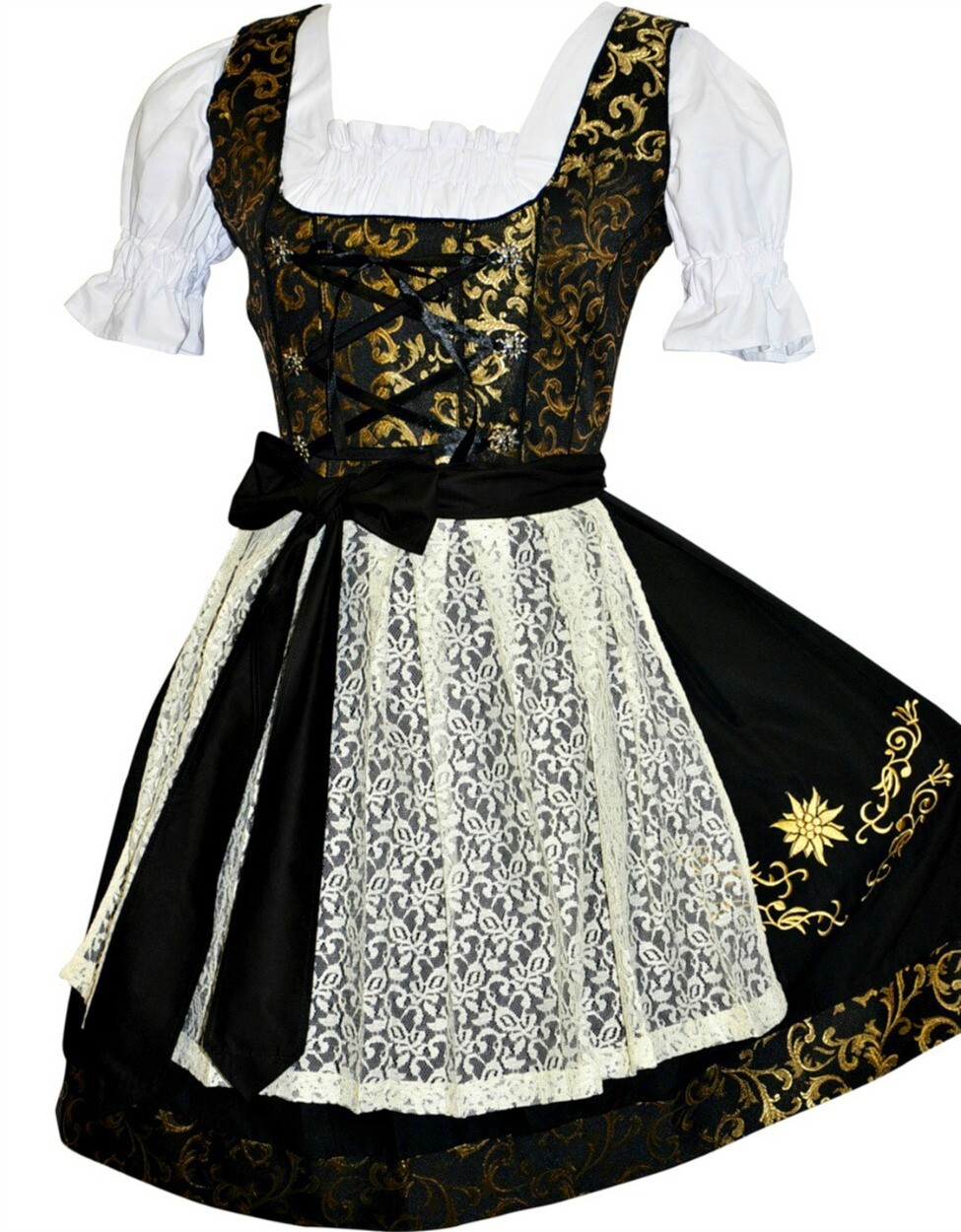 L 14 Black Gold EMBROIDERED Dirndl German Dress Oktoberfest Waitress Short 3 Pcs