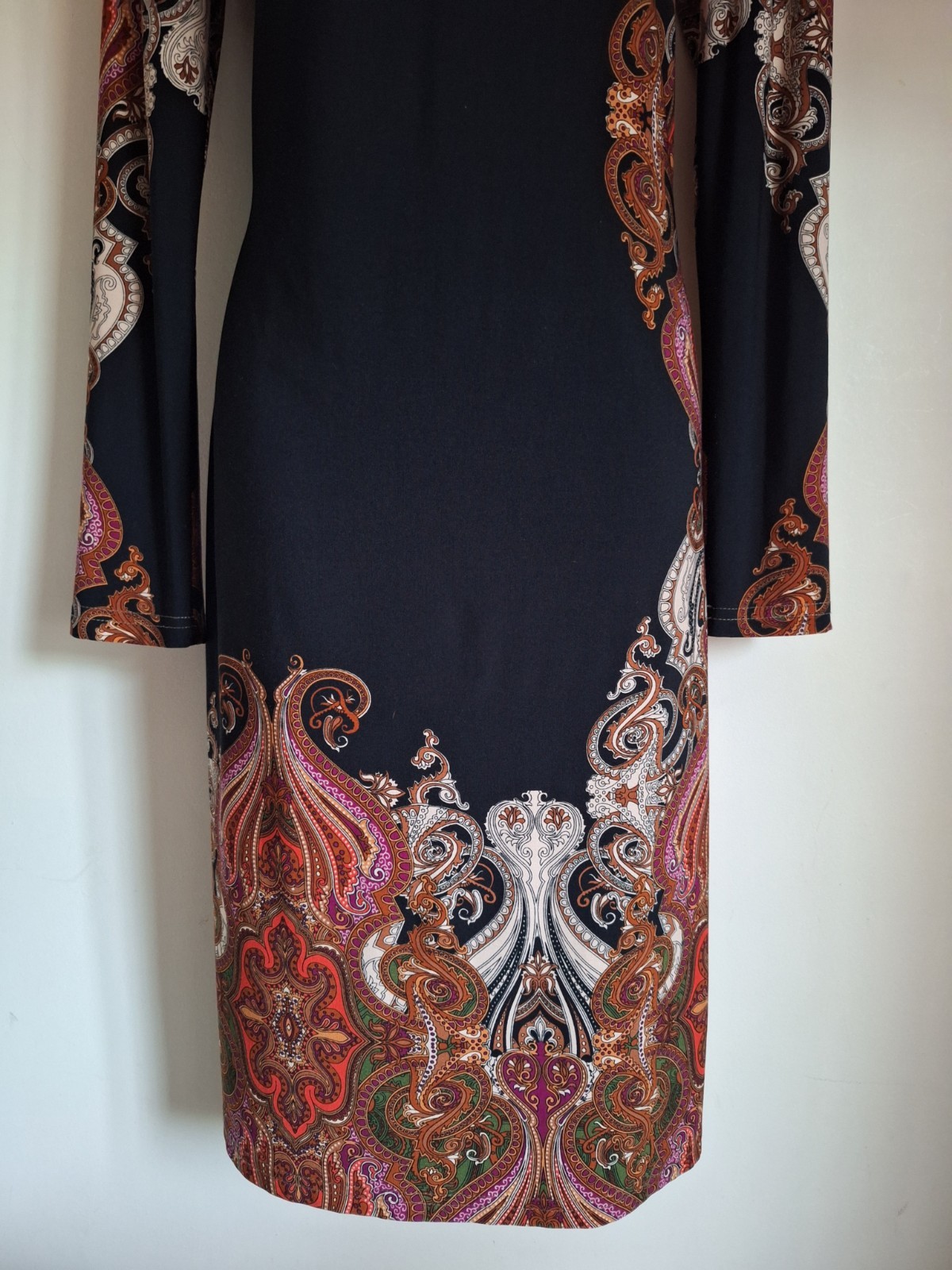 Joseph Ribkoff Paisley Print Black Orange Purple Sheath Dress UK 14 EU 42 USA 10