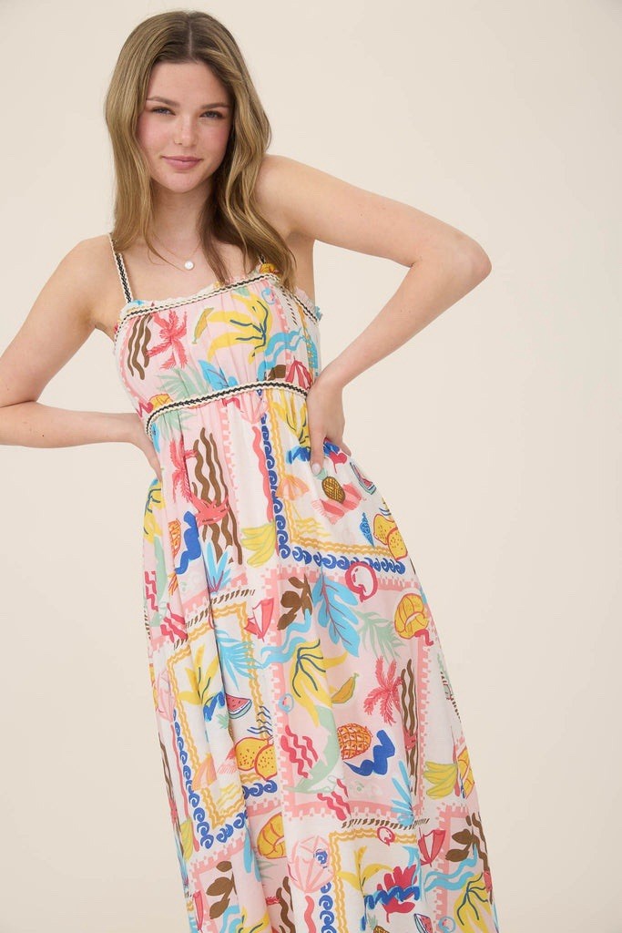 Blu Pepper Tropical Fruit Print Midi Dress M Smock Beach Coastal Vacation NWT