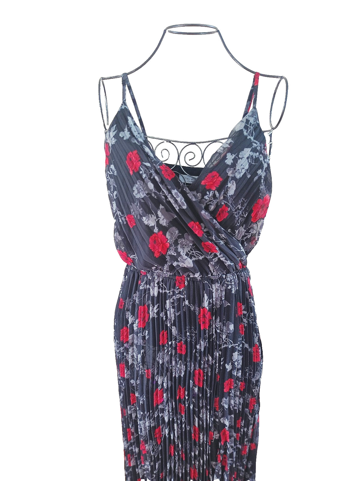NEW Ali & Jay Pleated Adjustable Straps Maxi Dress Lined M Black Floral Print