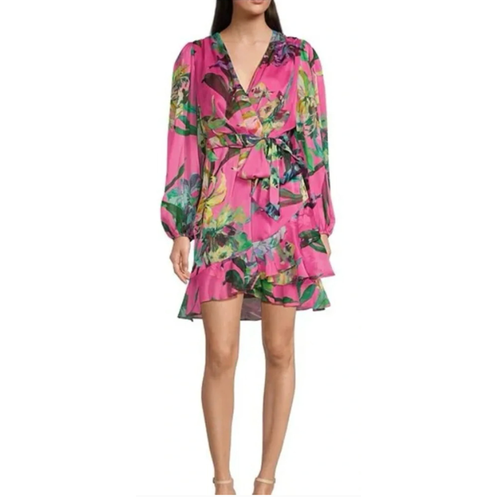 Alex Marie Laurel Chiffon Floral Wrap Dress Pink Fandango Womens Size 4 Belted