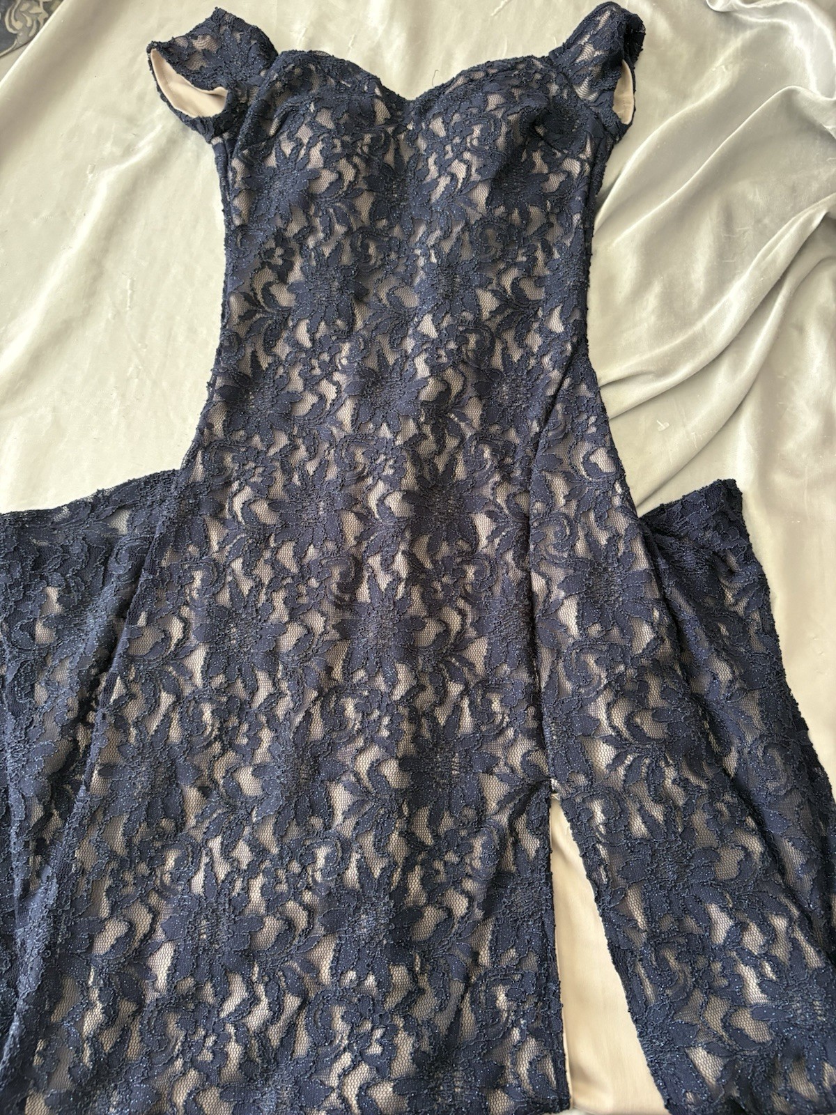 Sequin Hearts Blue Floral Lace Sweetheart Sleeveless Long Zip Dress S
