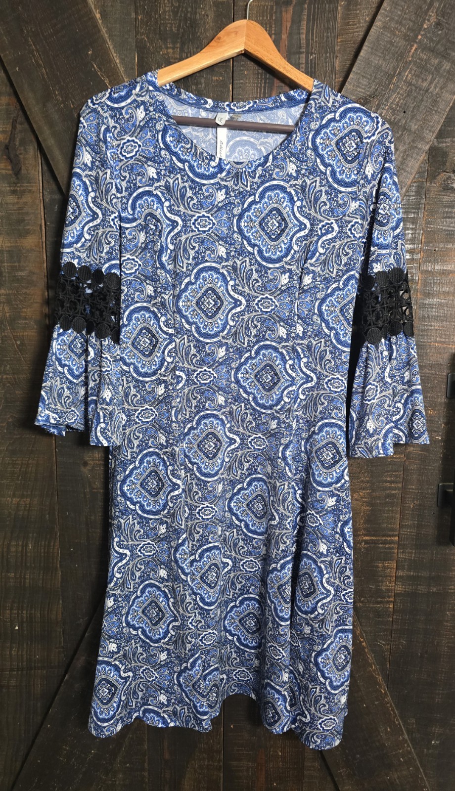 NY Collection BLUE/WHITE/BLACK Dress FLARED Crochet 3/4 Sleeve Sz Small
