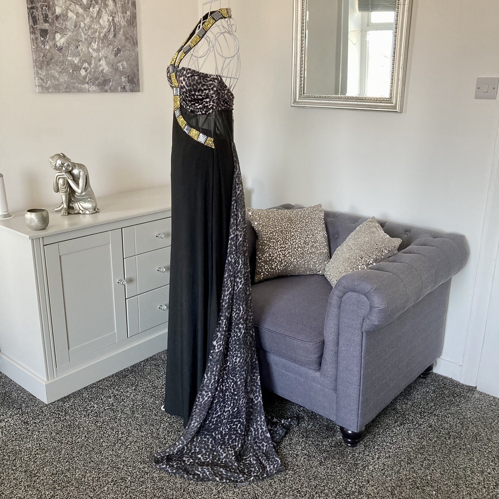 Grey Black Leopard Print Halter Prom Ball Cocktail Occasion Maxi Dress S 8-10