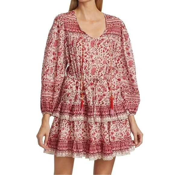 Alicia Bell Paisley Floral Tiered Peasant Dress Size Small Beaded Tassels Boho