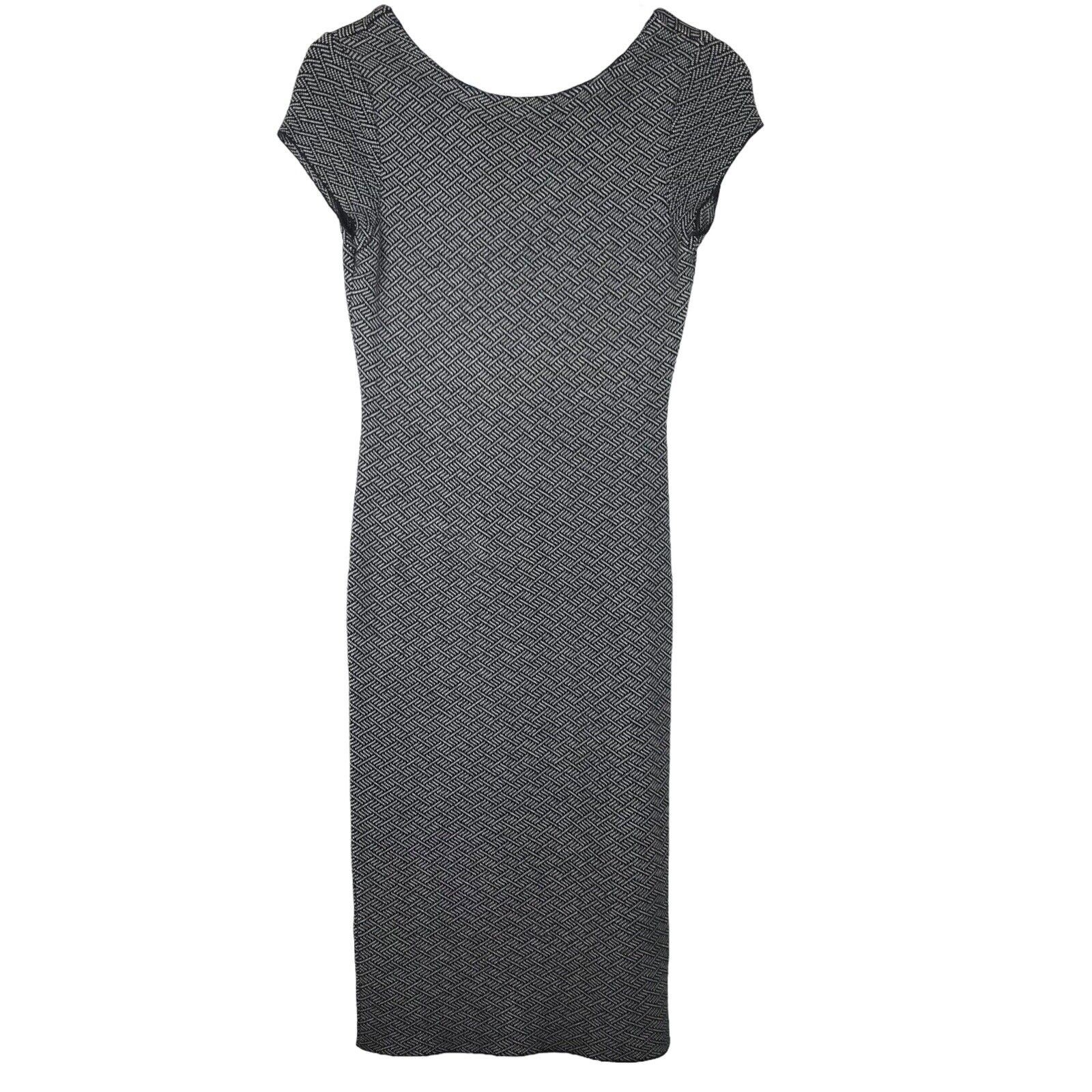Zara Knit Dress Bodycon Scoop Back Cap Sleeve Black White Herringbone Size Small