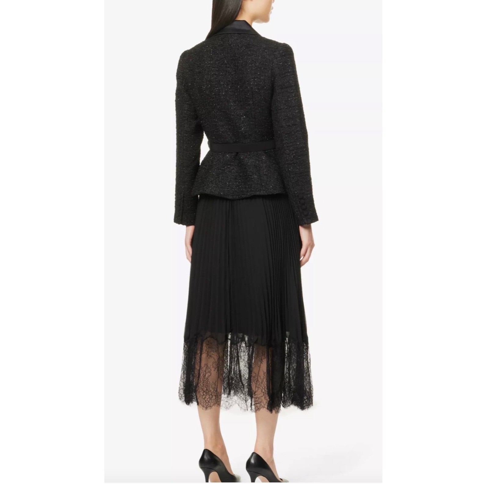 Self Portrait Black Tinsel Boucle Midi Dress with Belt Size 4 NWT $660