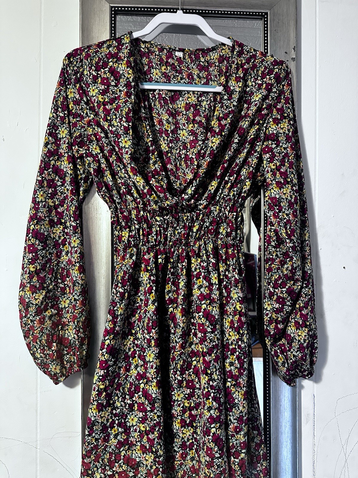 Multicolor Floral V-Neck Long Sleeve Short Dress Elastic Waist