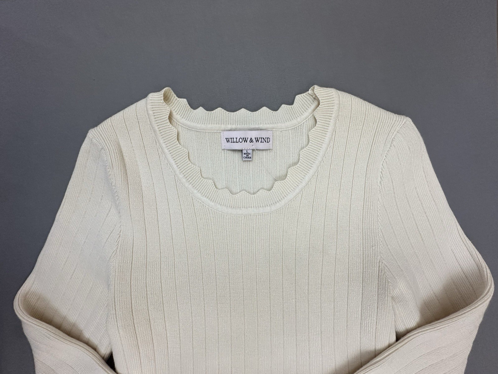 Willow & Wind Cream Rib Knit Scoop Neck Pullover Dress L Scalloped Stretch