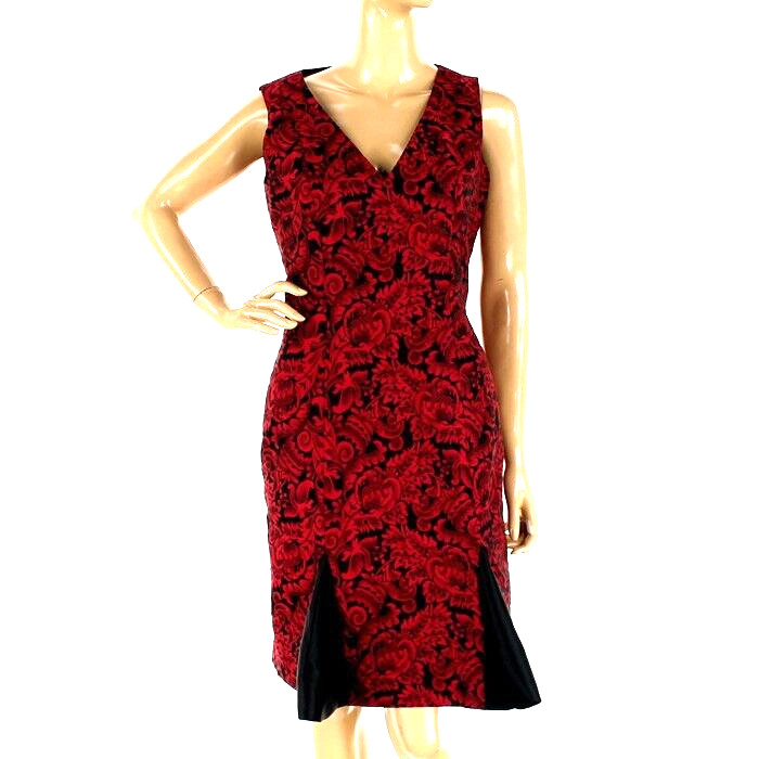 B Michael ~ Red & Black Jacquard V-Neck Flounce Party Dress 6 NEW $275