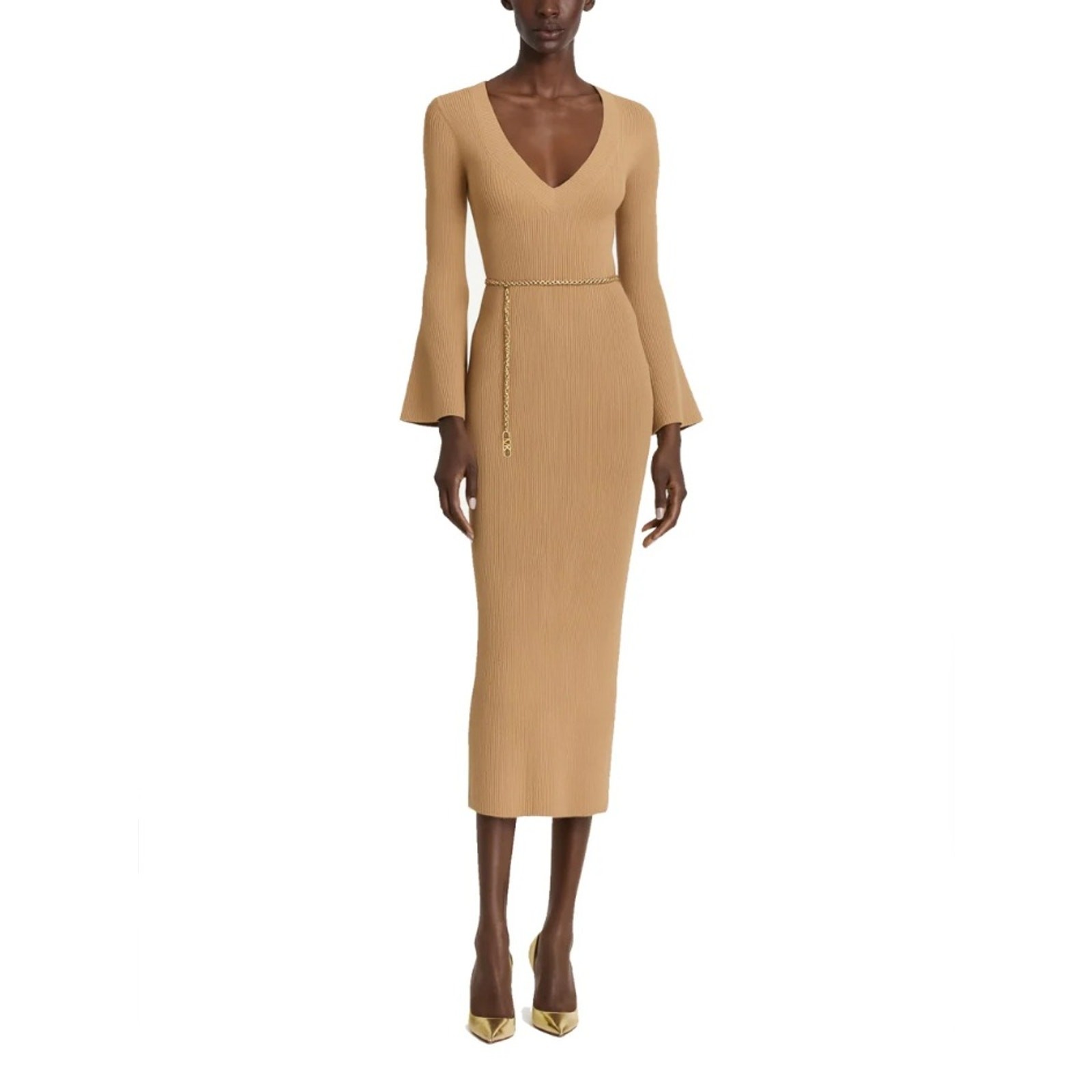 Michael Kors Women Camel Wool Knit Bell Sleeve V-neck Midi Sweater Dress Size M