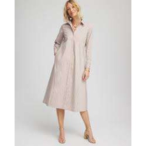 Chicos Button Up Shirt Dress Womens Sz 3 XL Tan Blue Minimalist Coastal Hampton