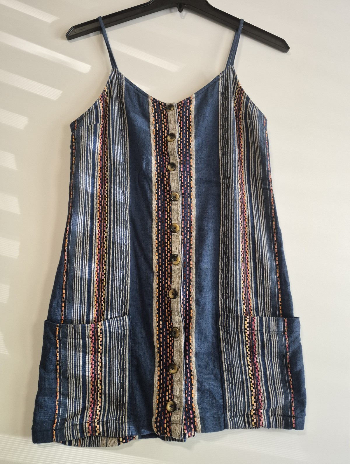 RIP CURL Blue Striped Sundress V-Neck Button Front Pockets Strappy Size M