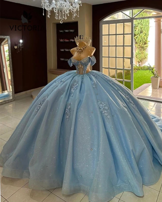 Light Blue Off Shoulder Sheer Corset Floral Quinceanera Ball Gown Sweet 16 Dress