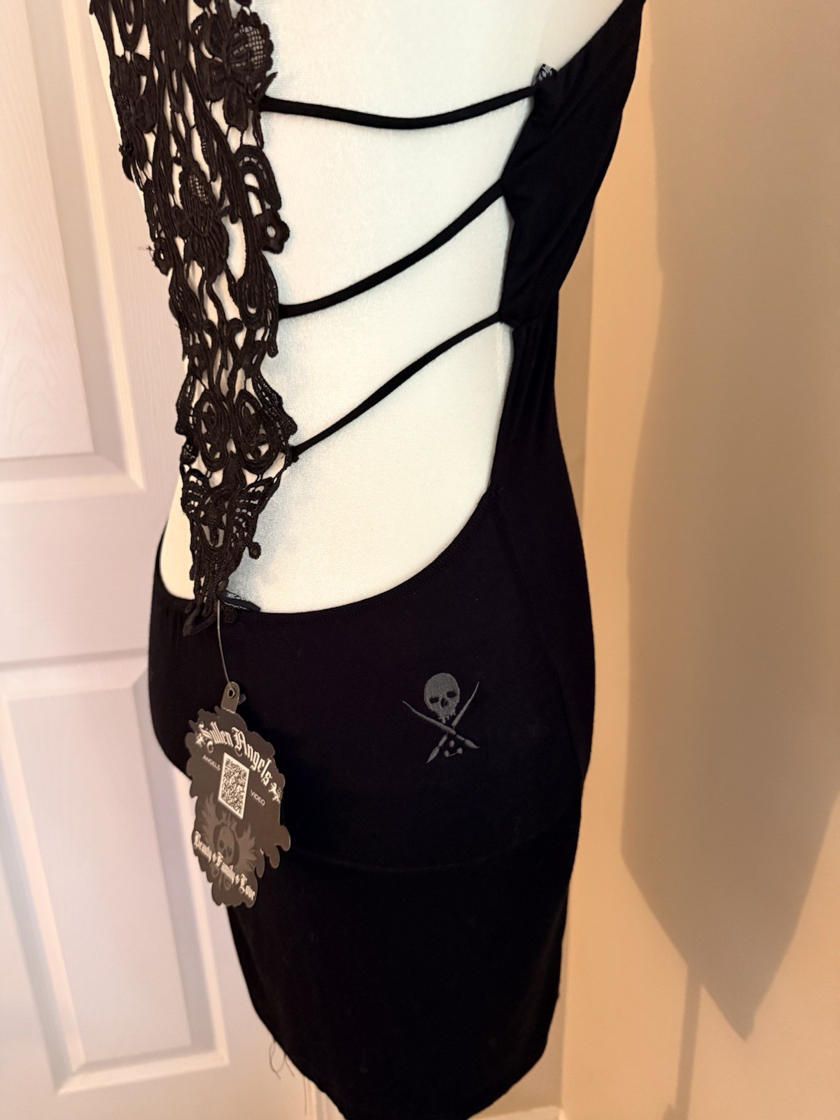 Sullen Angels Black Bodycon Dress M Backless Lace Skull Print. Tattoo. Pinup.