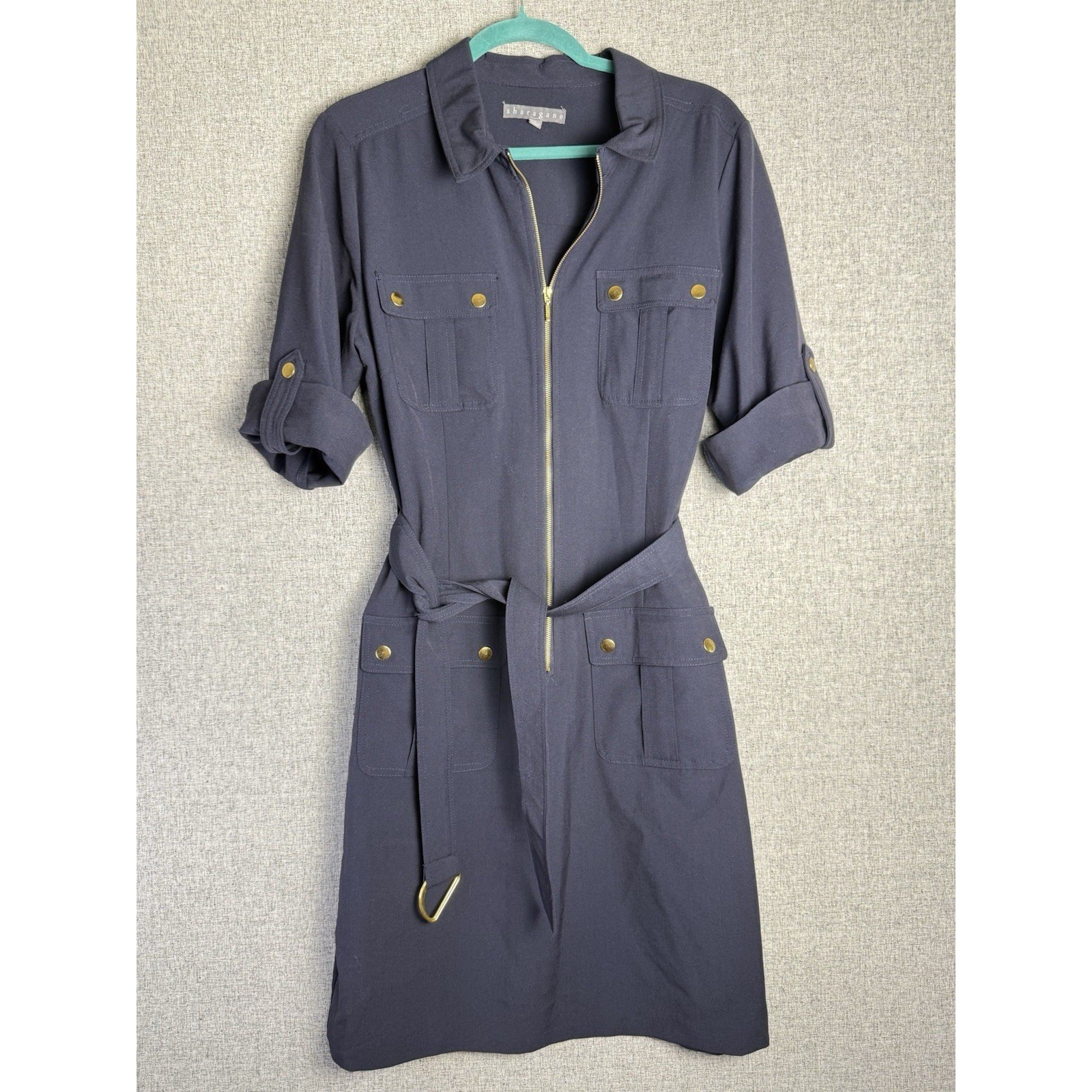 Sharagano Belted Navy Blue Shirt Dress Pockets Utility Style 14 XL