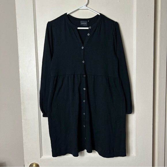 Richer Poorer black textured long sleeve button front dress XS cloud weave