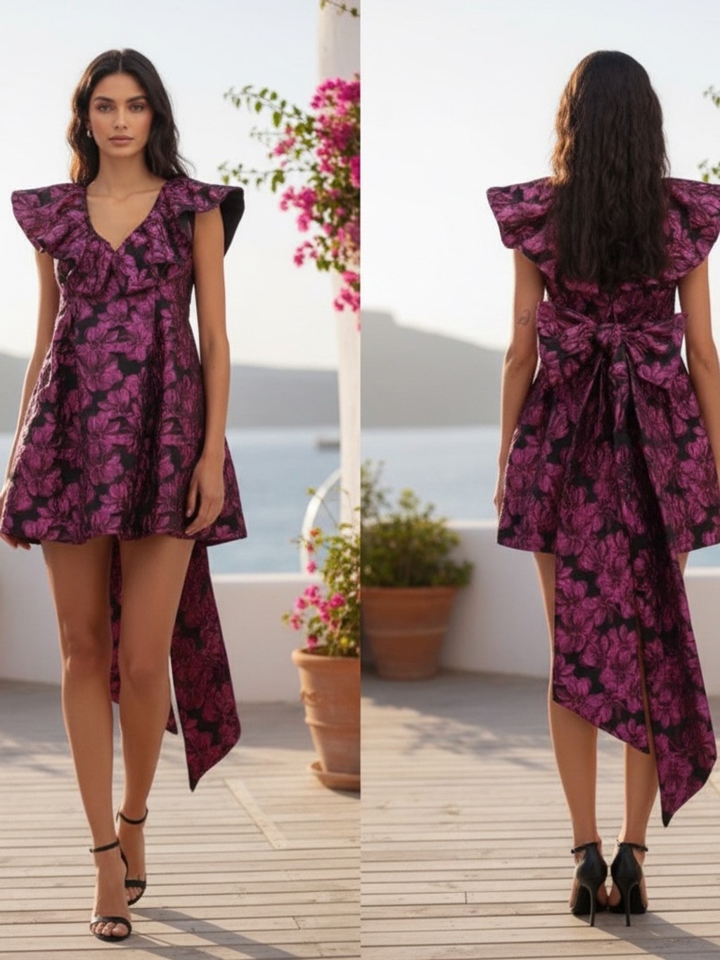Amy Lynn Jaime ruffle sleeve mini dress with bow back pink floral jacquard Small
