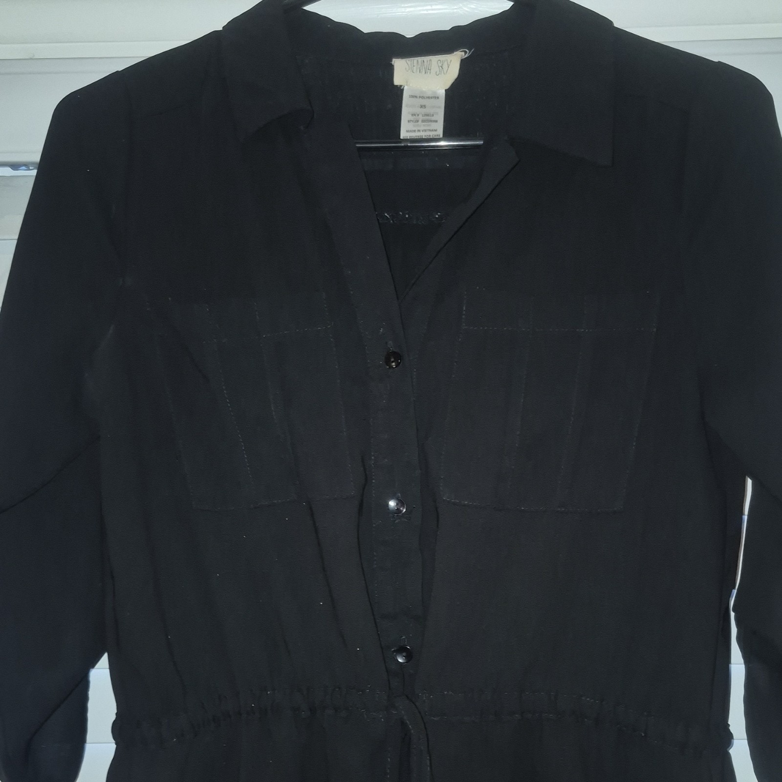 Sienna Sky Black Collared Shirt Dress Button Down Drawstring 3/4 Sleeve M
