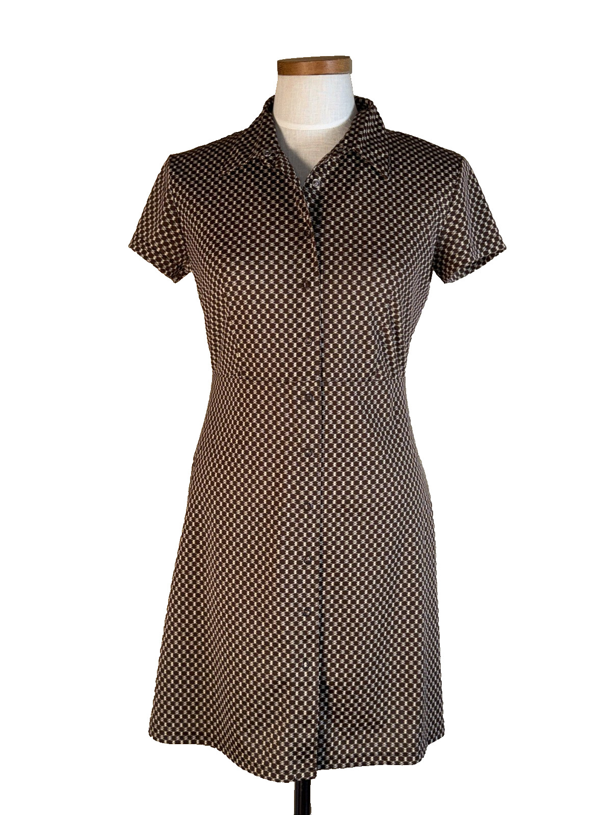 Esprit De Corp Dress Snap Front 90s Y2K brown white 5/6 Short Sleeve Fitted