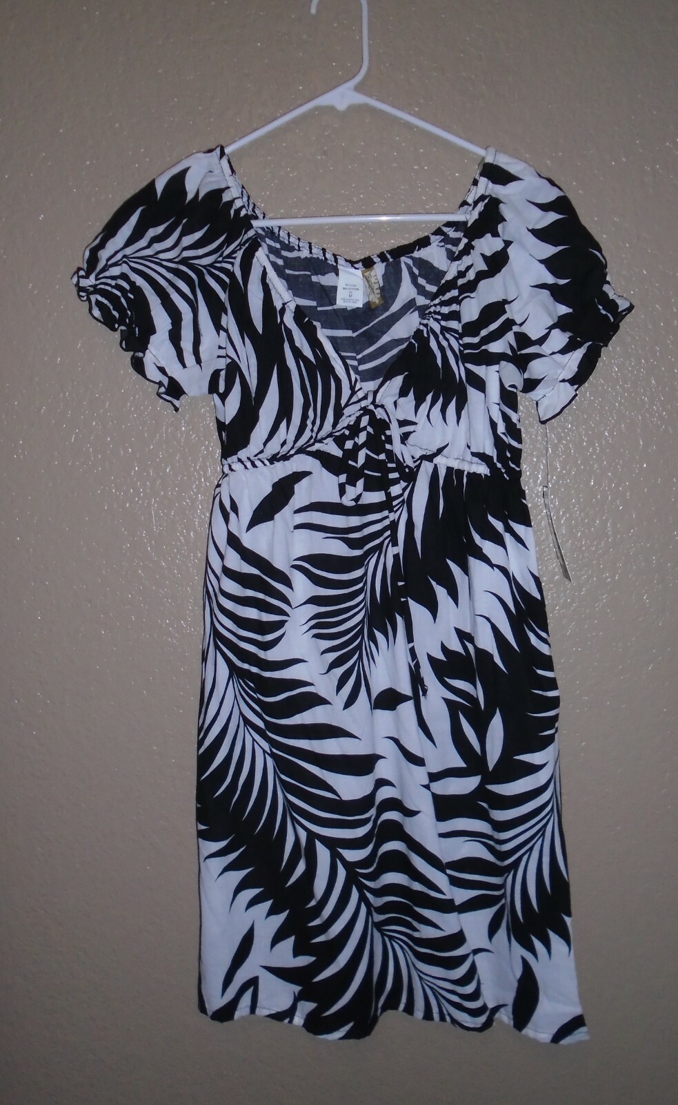 2Bamboo Black & White Print 100% Cotton Empire Waist Beach Dress Medium $79 NWT