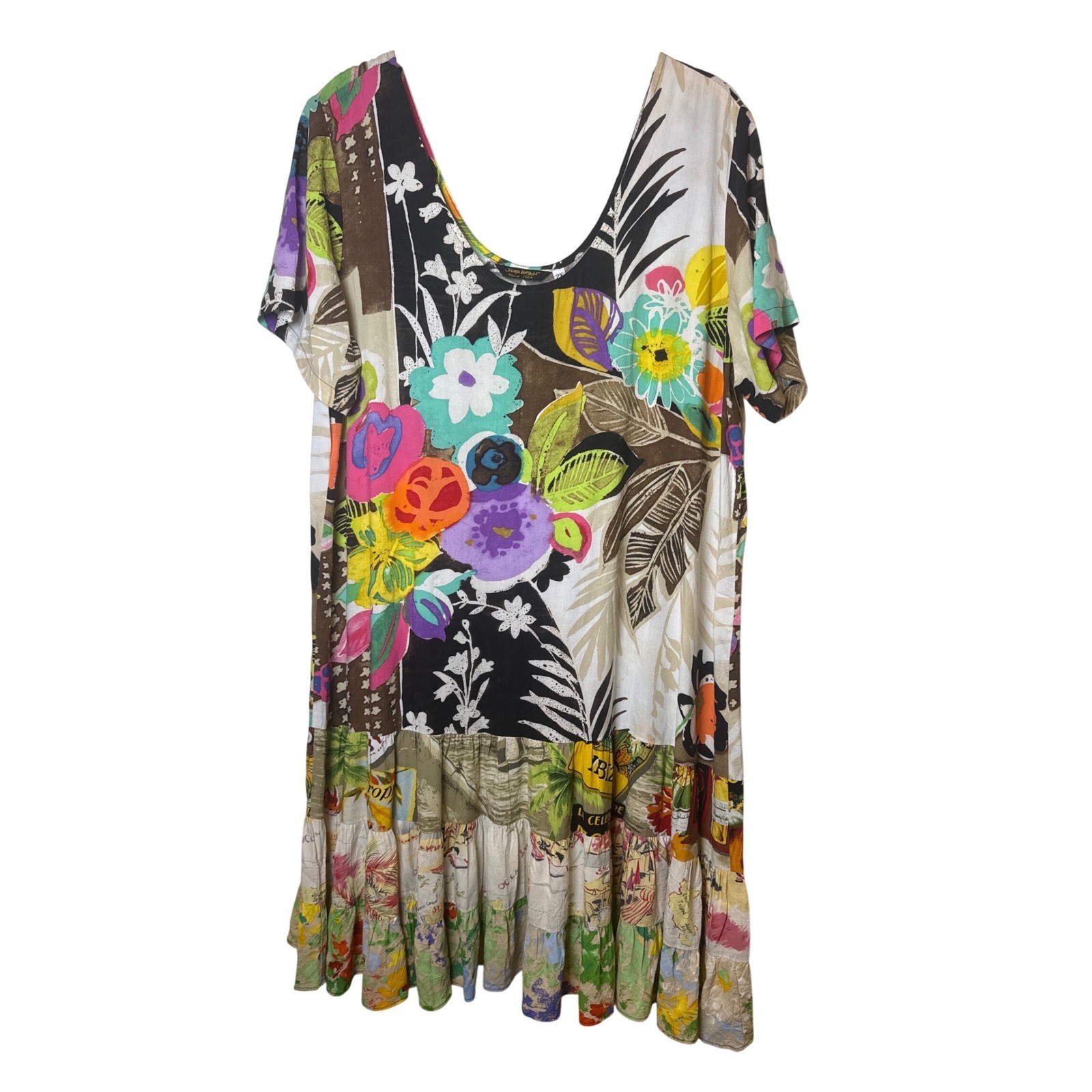 Jams World Women 2X Floral Tropical Print Tiered Ruffle Hem Hattie Dress Multi