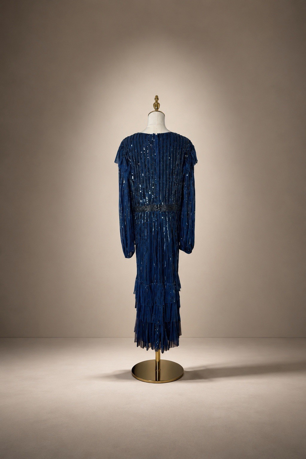 Mac Duggal 23003 Midnight Blue Sequined Tiered Midi Dress Long Sleeve Sz 16 $698