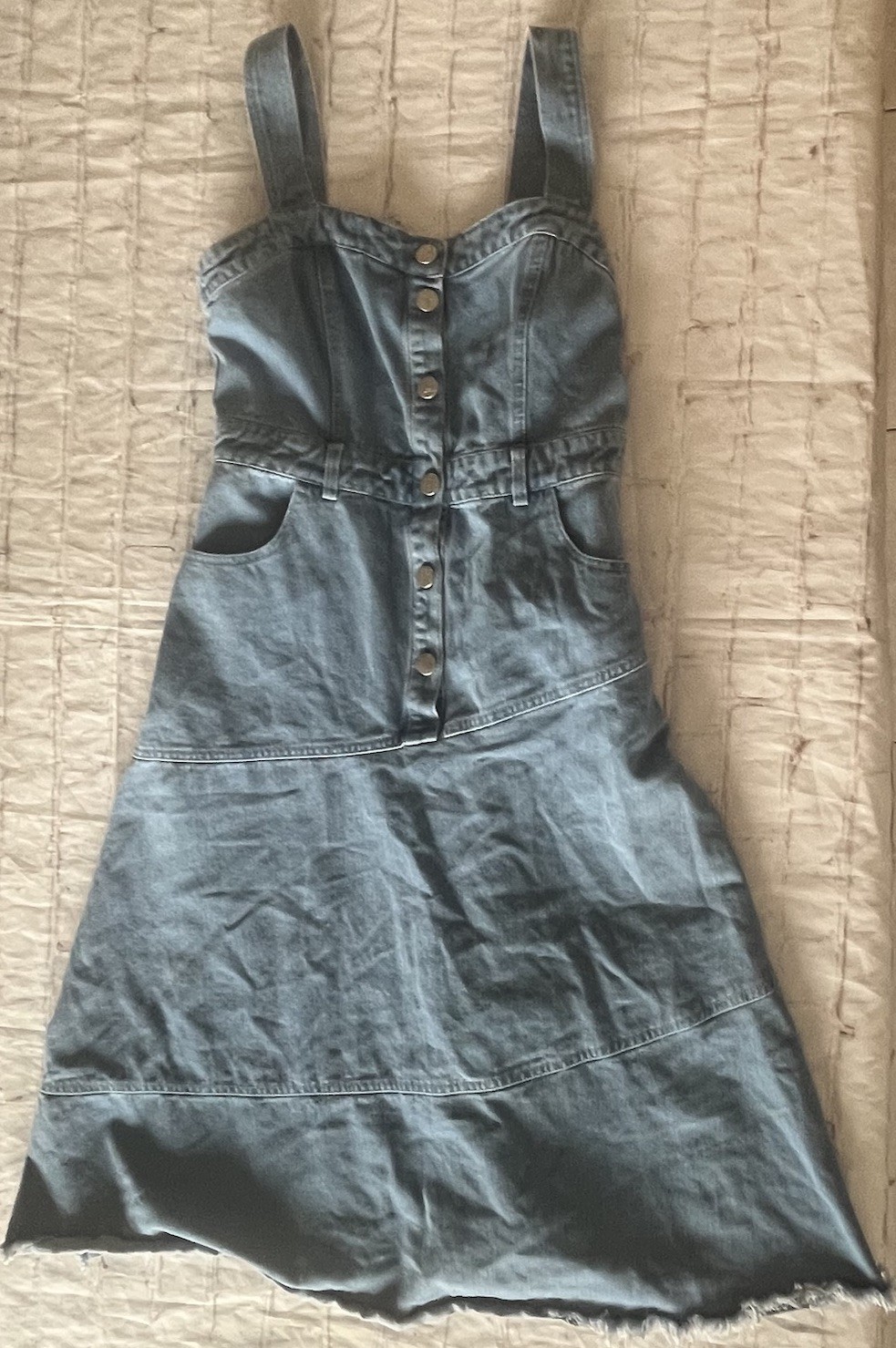Ron & Ron Womens Medium Denim Button Front Midi Dress Sleeveless Raw Hem Pockets