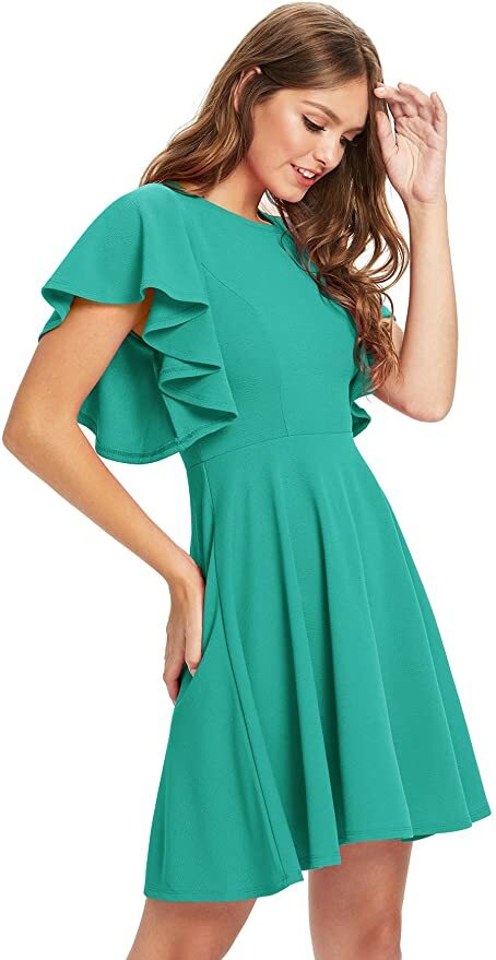Romwe Stretchy A Line Swing Flared Skater Cocktail Party Dress, Teal Blue, S