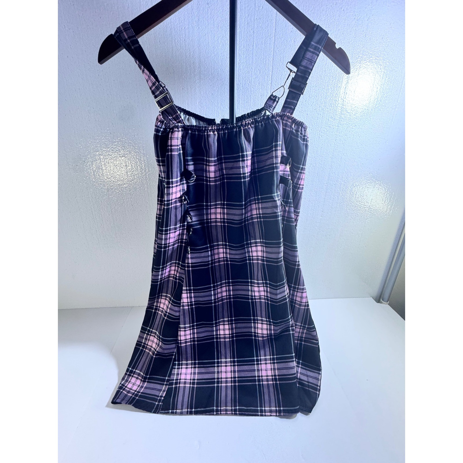 Pink Black Plaid Mini Dress Punk Grunge Zipper Front Buckle Straps O-Ring