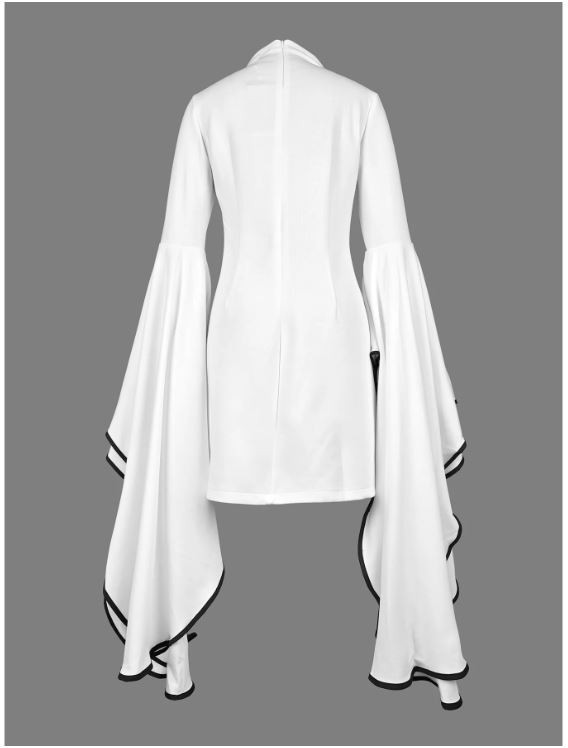 Sz Large Flared LONG Sleeves Goddess White Stand up Collar Mini Dress