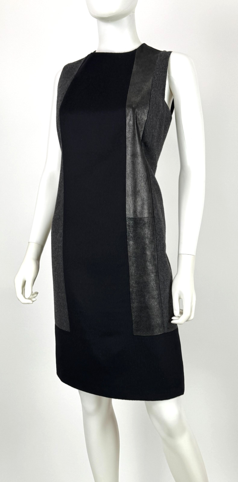 $3K Akris Wool Angora Leather Panel Shift Dress 10 US 46 IT 40 D M Black Gray