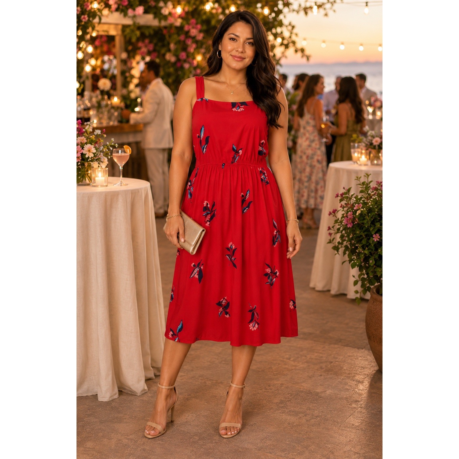 Ava & Viv Womens Red Floral Sleeveless Elastic Waist Midi Dress Plus Size 2X