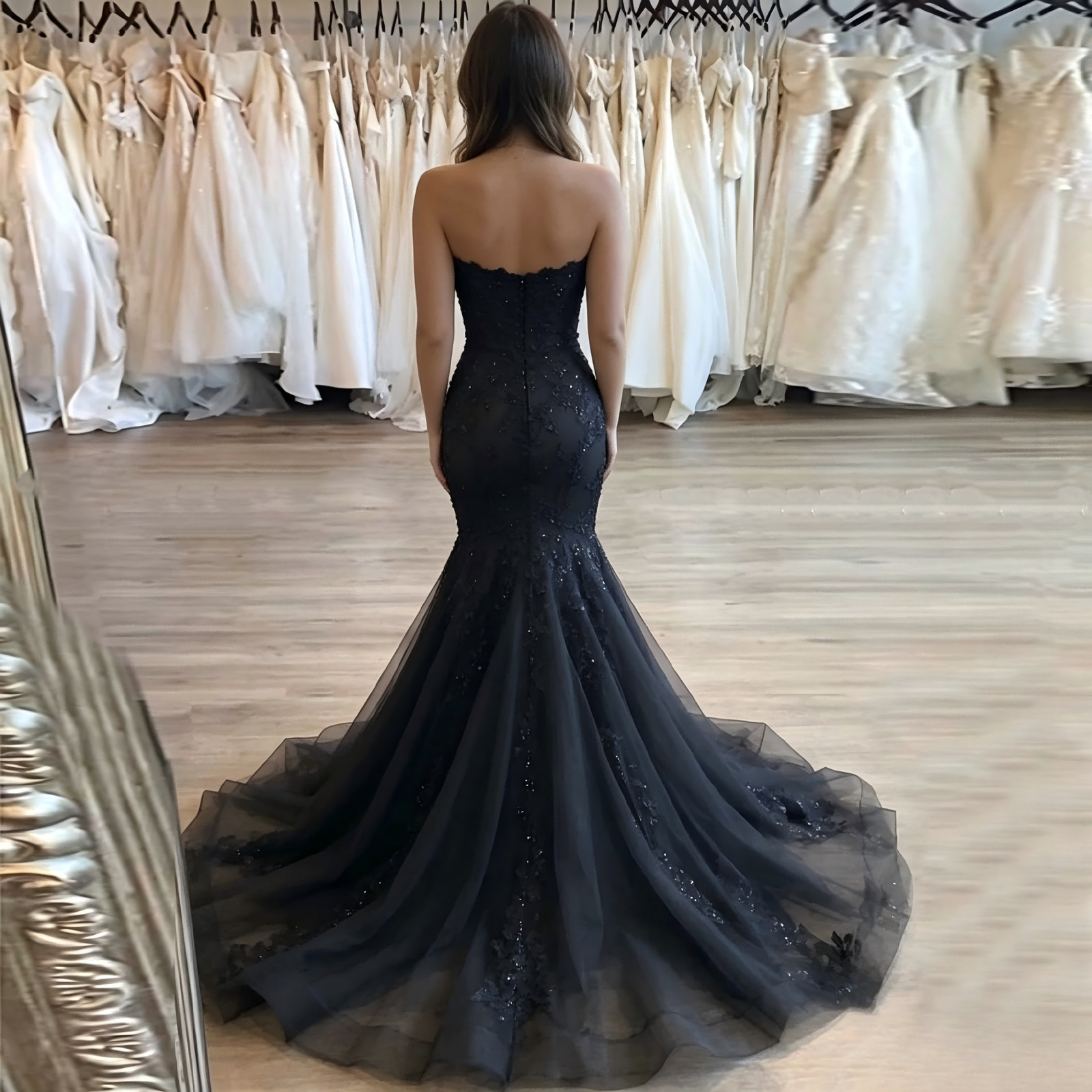 Strapless Sweetheart Black Lace Mermaid Evening Gown Long Train Custom