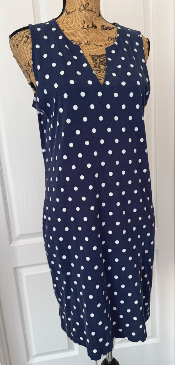 Lands End Shift Dress Sleeveless V-Neck Pockets Polka Dot Blue Cotton L 10 12