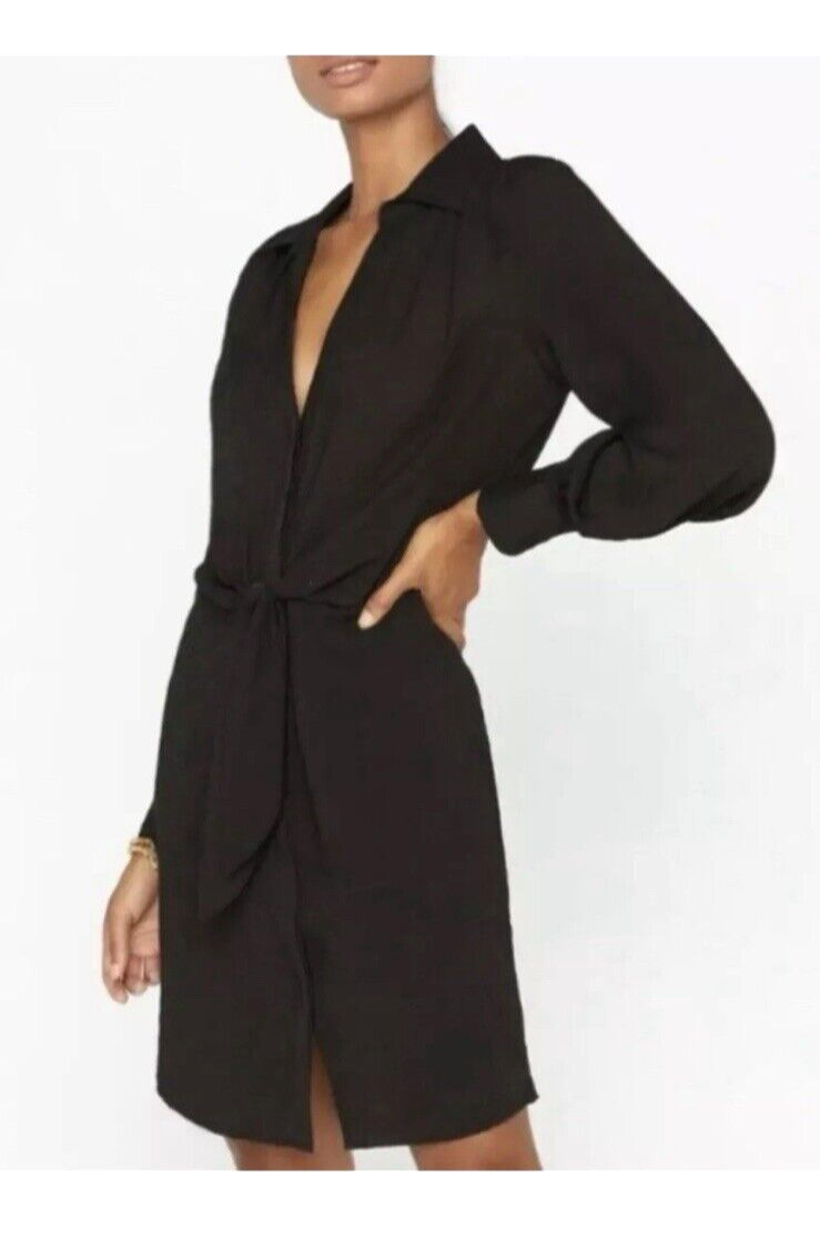 BROCHU WALKER* Black Silk Scallop Dress SMALL Keyhole Neck LS Tie Waist NWT $365