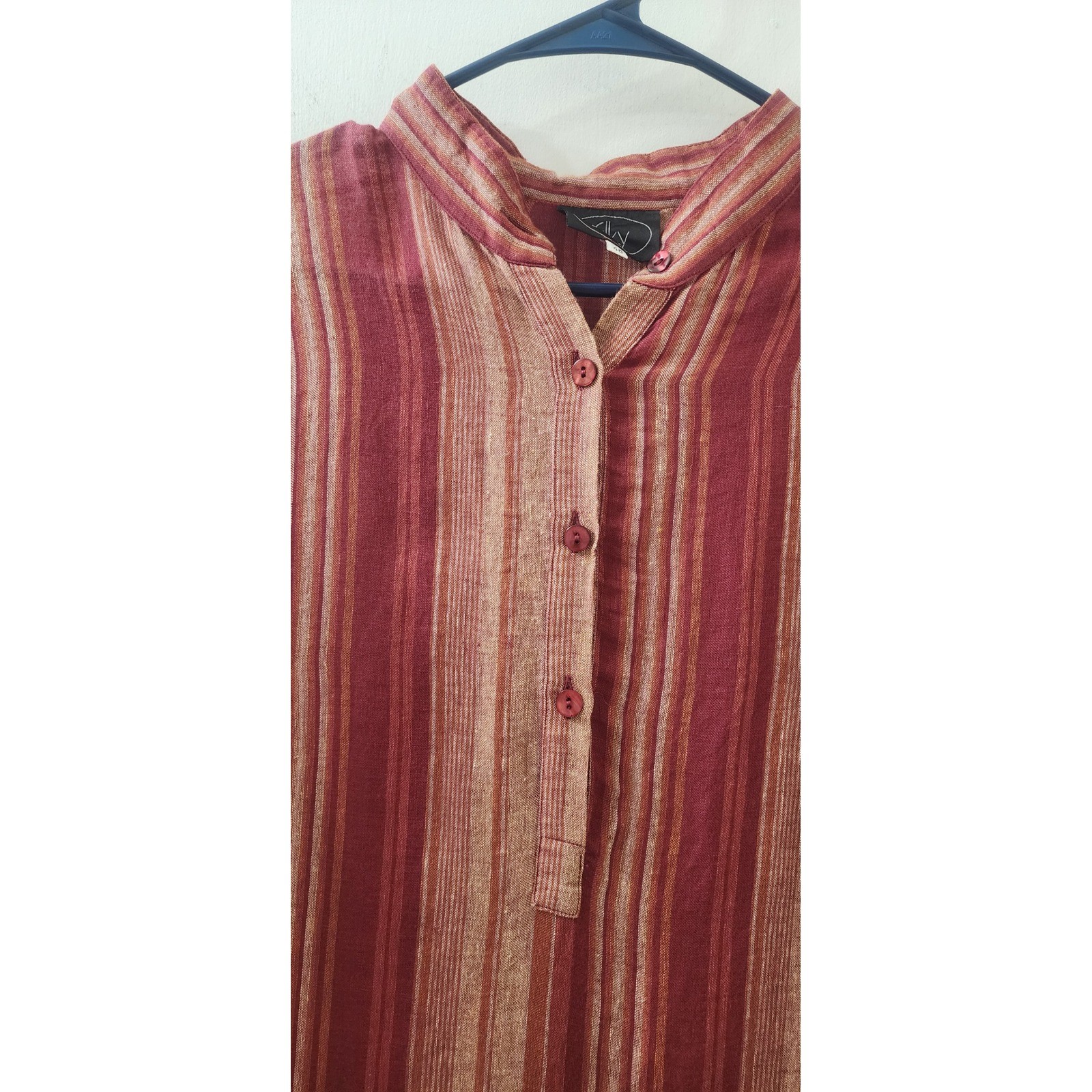Silky Red Striped Mandarin Collar Tunic Dress Womens Size 46 Midi Side Slits