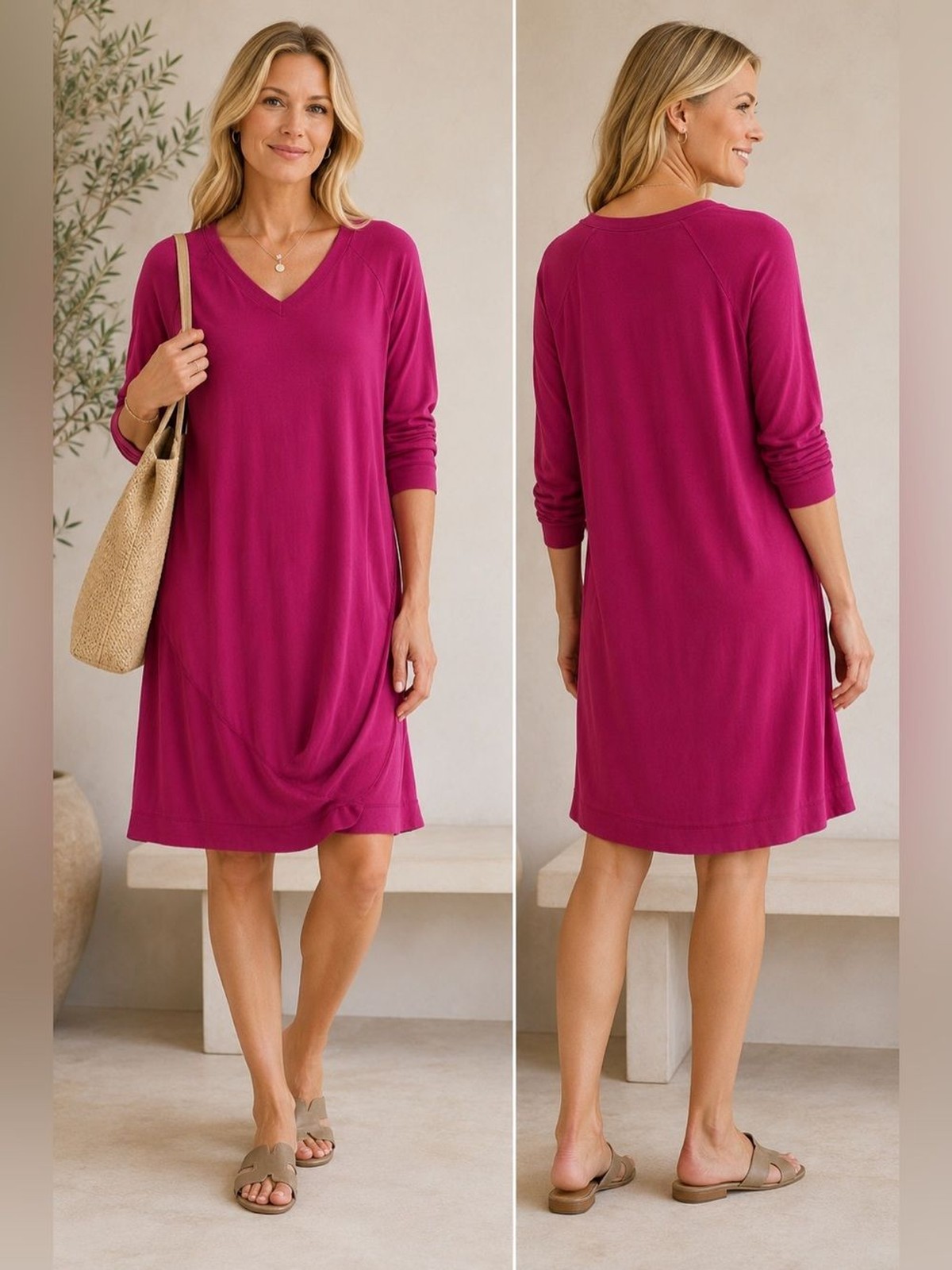 NWT Soft Surroundings Marla Dress XLP Dark Fuchsia Stretch Knit 3/4 Sleeve Midi