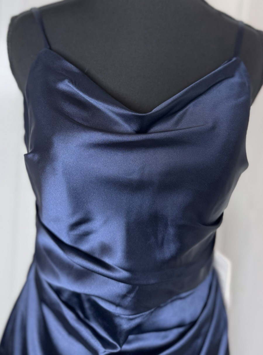 Stacees Dark Navy Satin Cocktail Dress 4 Cowl Neck Party Special Occasion NWT