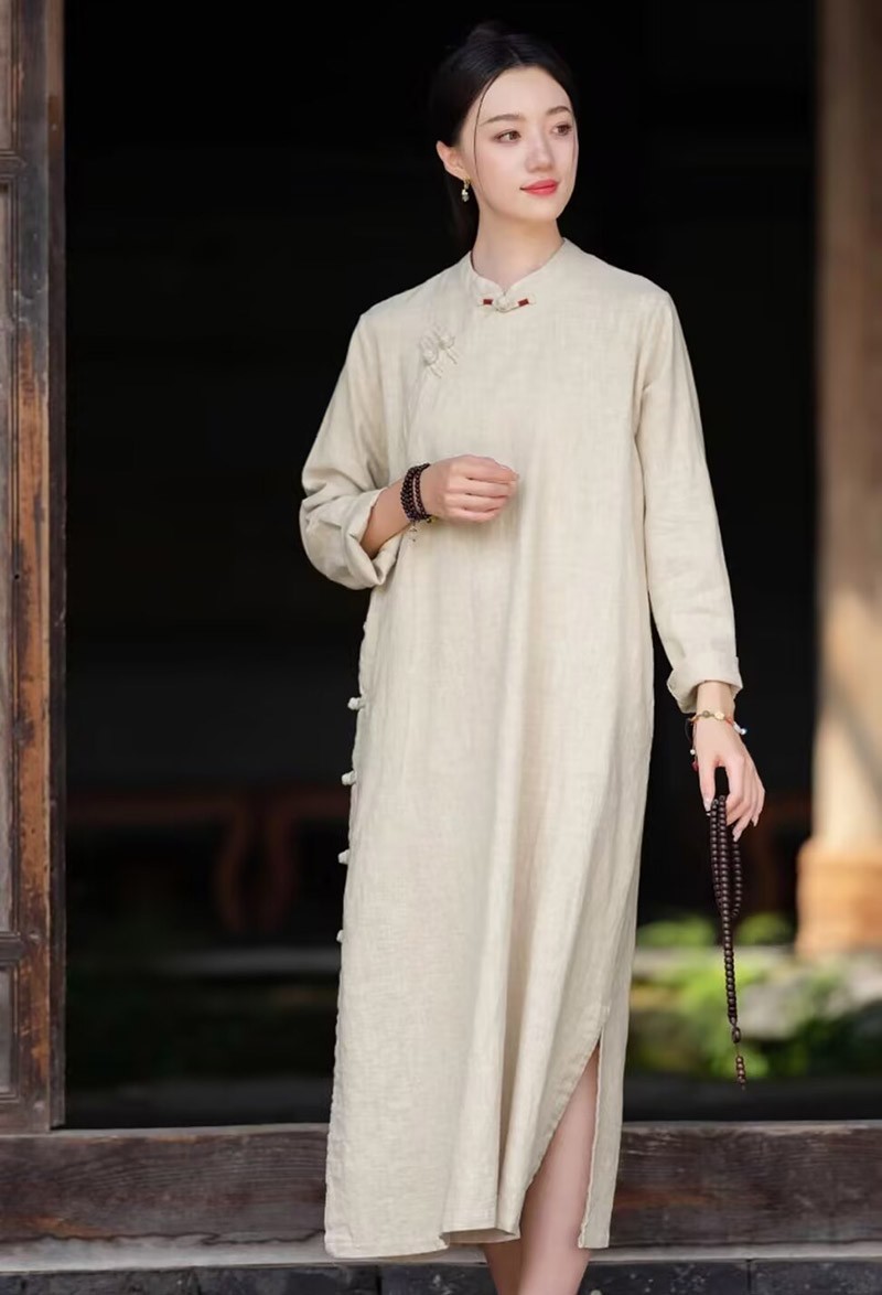 Chinese Style Retro Womens Loose Qipao Dress Long Sleeve Casual Cheongsam Dress