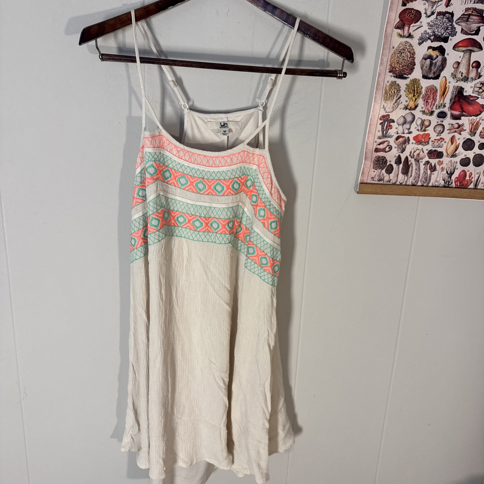 Ya Los Angeles Beige Cotton Blend Pink Green Floral Embroidered Dress Size M